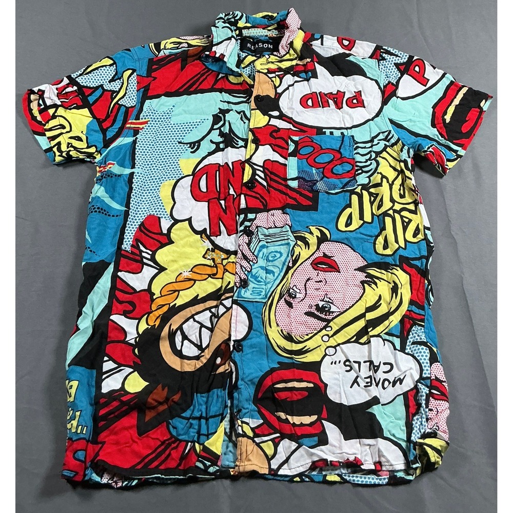 Reason Mens Pop Art Comic Book Print Short Sleeve Button Down Shirt Multicolor M